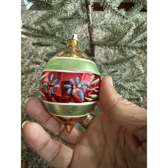 Vintage HandBlown Mercury Glass Tear Drop & Floral Design Ornament*POLAND*3.75”* - Picture 2 of 3